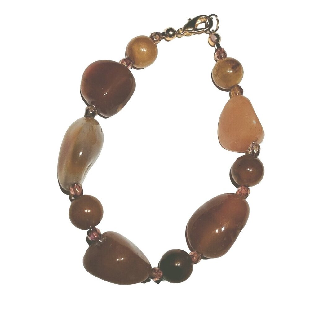 Polished Brown Agate Stone Crystal Bead Bracelet 8 inch